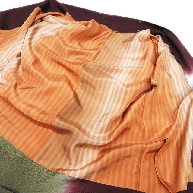 コート 道中着 着物 中古 正絹 暈し 焦茶色 柴色 老竹色 身丈110cm 裄69cm きもの北條 A1099-2 コート 道中着 着物 中古 正絹 暈し 焦茶色 柴色 老竹色 身丈110cm 裄