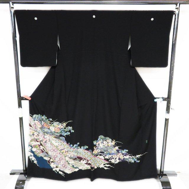 黒留袖 着物 中古 正絹 袷 フォーマル 紋付 五つ紋 作家物 落款 花の図  