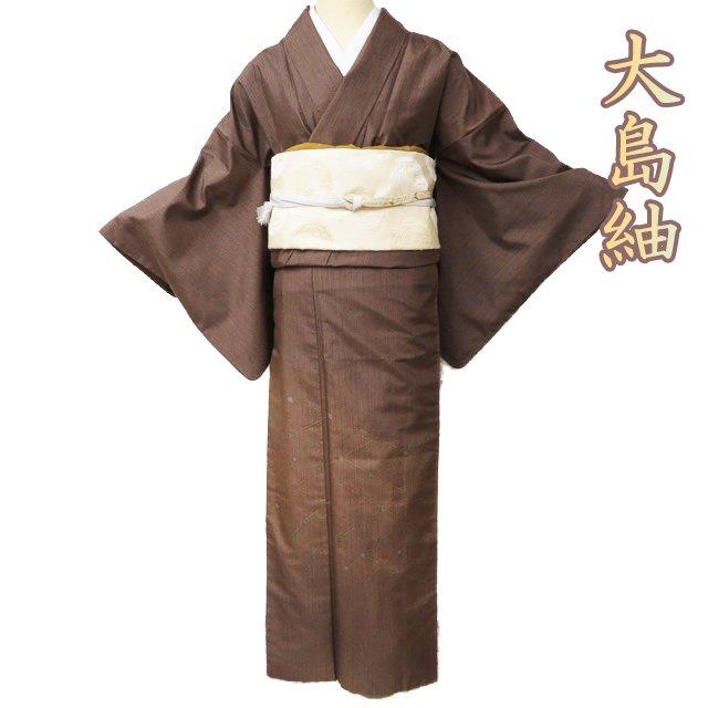 大島紬 着物 中古 正絹 袷 セミフォーマル 黄枯茶色 多色 金 身丈160.5 