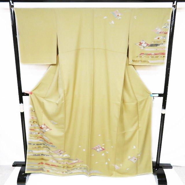 訪問着 着物 中古 正絹 袷 金駒刺繍 花の図 吹き寄せ文 淡黄色 多色 金 身丈167.5cm 裄67.5cm L トール きもの北條 A1102-7 訪問着 着物 中古 正絹 袷 金駒刺繍 花の図 吹き寄せ文 淡黄色 多色 金