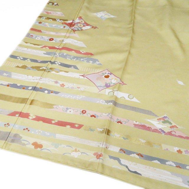 訪問着 着物 中古 正絹 袷 金駒刺繍 花の図 吹き寄せ文 淡黄色 多色 金