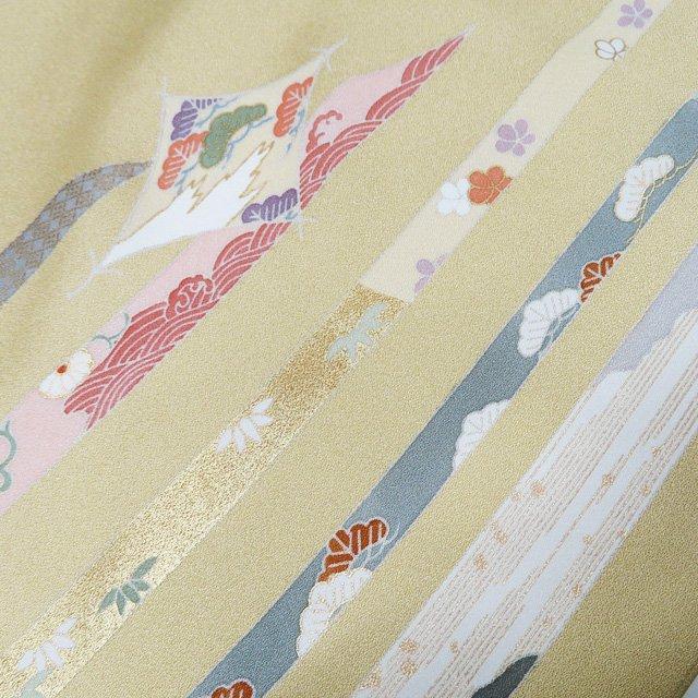 訪問着 着物 中古 正絹 袷 金駒刺繍 花の図 吹き寄せ文 淡黄色 多色 金
