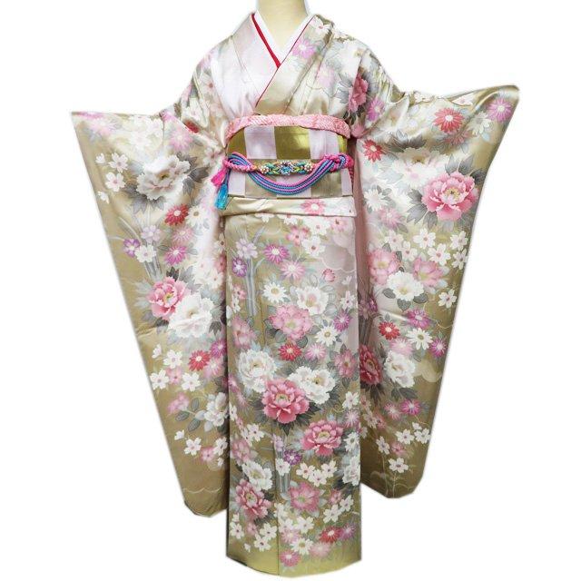 振袖 着物 中古 正絹 雲に花模様 牡丹 シャンパンゴールド 桜色 多色 身丈167cm 裄67cm L トール きもの北條 A1103-7 振袖 着物 中古 正絹 雲に花模様 牡丹 シャンパンゴールド 桜色 多色