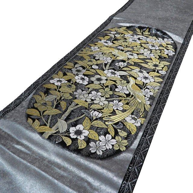 袋帯 中古 リサイクル 正絹 フォーマル 仕立て上がり 六通 花鳥模様 尾長鳥 箔糸 黒色 白色 金銀 きもの北條 A1104-12 袋帯 中古 リサイクル 正絹 フォーマル 仕立て上がり 六通 花鳥模様
