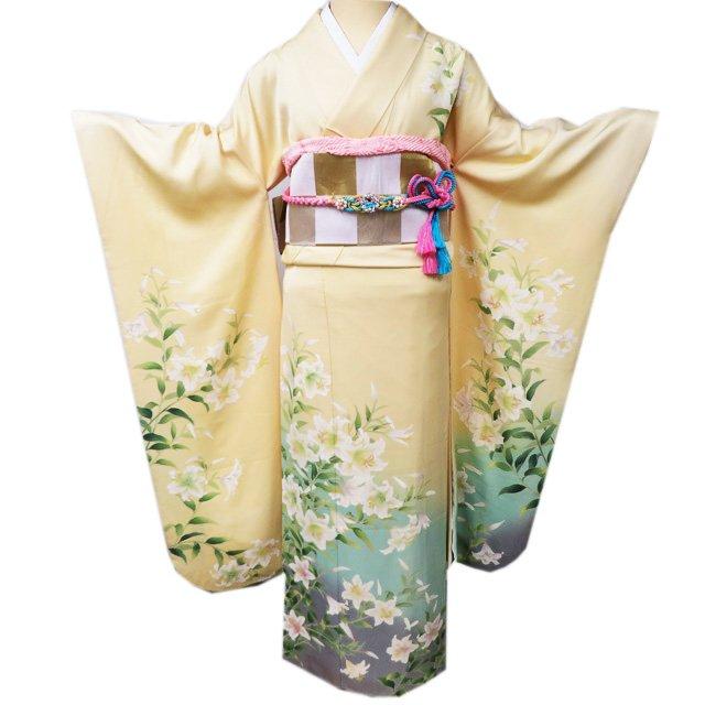 振袖 着物 中古 リサイクル 正絹 花模様 梅 菊 黄色 多色 金 身丈174.5cm 裄70cm L トール きもの北條 A972-11 振袖 着物 リサイクル 正絹 成人式 フォーマル 金駒刺繍 金彩 赤 梅 椿