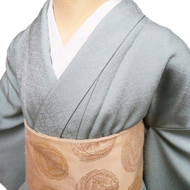 色無地 着物 未使用 正絹 袷 紋なし 地模様 花模様 錆青磁色 身丈161.5 