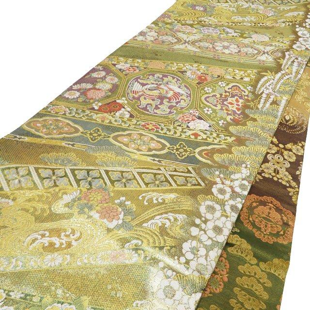 袋帯 中古 リサイクル 正絹 フォーマル 仕立て上がり 花鳥模様 花紋 華紋 波 箔糸 黄系色 緑系色 多色 金 きもの北條 A1110-14 袋帯 中古 リサイクル 正絹 フォーマル 仕立て上がり 花鳥模様 花紋 華