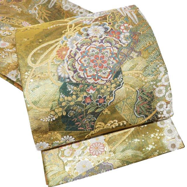 袋帯 中古 リサイクル 正絹 フォーマル 仕立て上がり 花鳥模様 花紋 華紋 波 箔糸 黄系色 緑系色 多色 金 きもの北條 A1110-14 袋帯 中古 リサイクル 正絹 フォーマル 仕立て上がり 花鳥模様 花紋 華