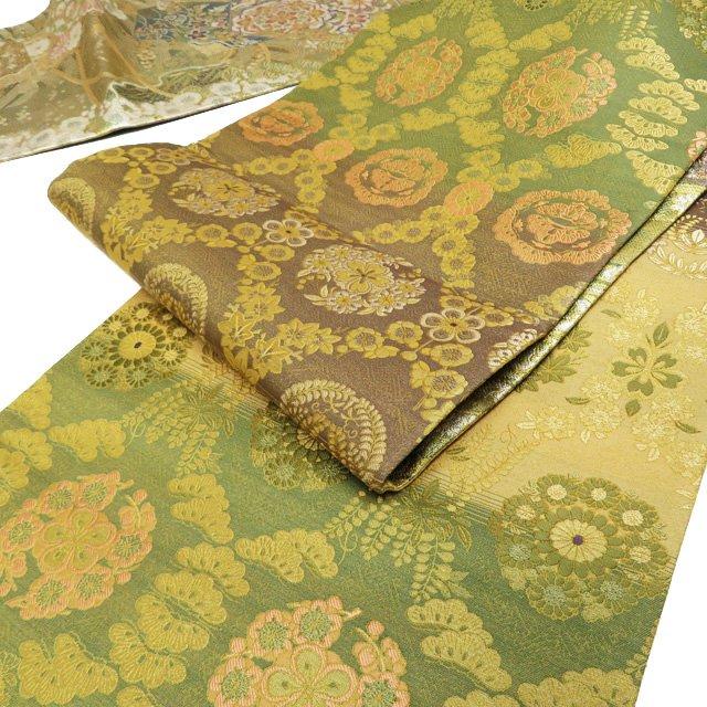 袋帯 中古 リサイクル 正絹 フォーマル 仕立て上がり 花鳥模様 花紋 華紋 波 箔糸 黄系色 緑系色 多色 金 きもの北條 A1110-14 袋帯 中古 リサイクル 正絹 フォーマル 仕立て上がり 花鳥模様 花紋 華
