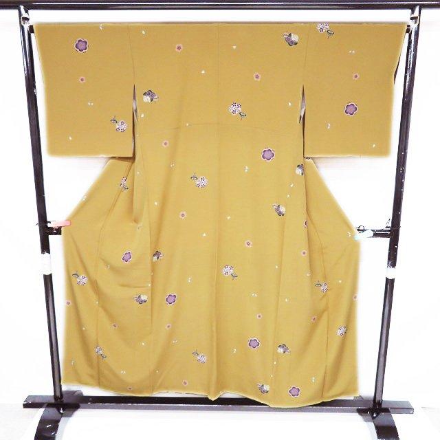 小紋 着物 未使用 正絹 袷 カジュアル 花とコマ模様 小麦色 多色 身丈