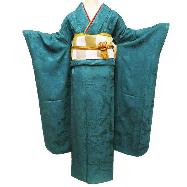 振袖 着物 中古 正絹 地模様 束ね熨斗 花模様 菊 翠色 身丈168cm 裄  