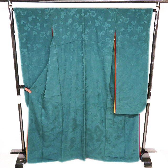振袖 着物 中古 正絹 地模様 束ね熨斗 花模様 菊 翠色 身丈168cm 裄  