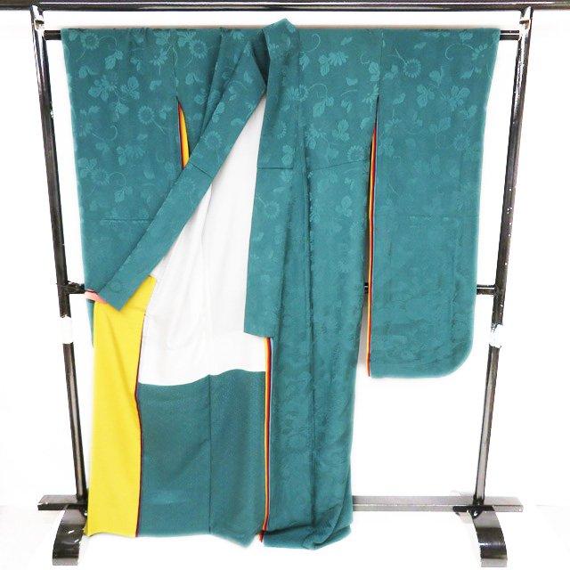 振袖 着物 中古 正絹 地模様 束ね熨斗 花模様 菊 翠色 身丈168cm 裄  