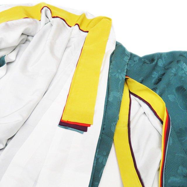 振袖 着物 中古 正絹 地模様 束ね熨斗 花模様 菊 翠色 身丈168cm 裄  