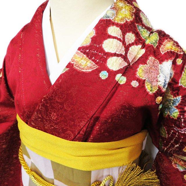振袖 着物 中古 正絹 桐屋 翠山工房 落款 辻が花 絞り 地模様 金通し