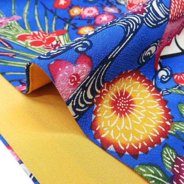 特選 振袖 着物 中古 正絹 琉球 紅型 花模様 松竹梅 茶屋辻 青色 多色