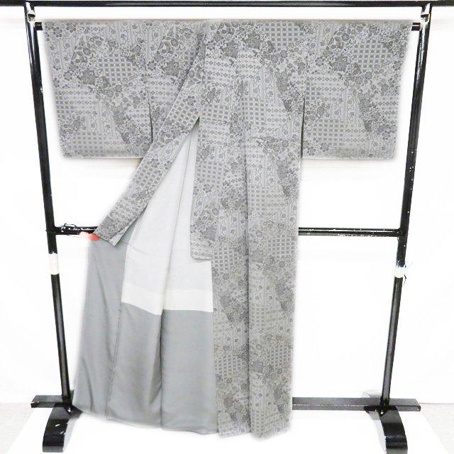 特選 お召し 御召 着物 未使用 正絹 袷 カジュアル 裂取り 花模様 絹鼠