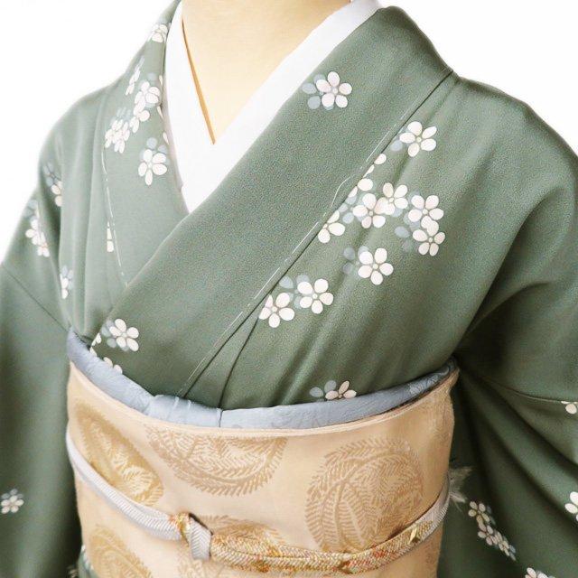 小紋 着物 中古 正絹 袷 カジュアル 小花模様 反端付き 老竹色 多色