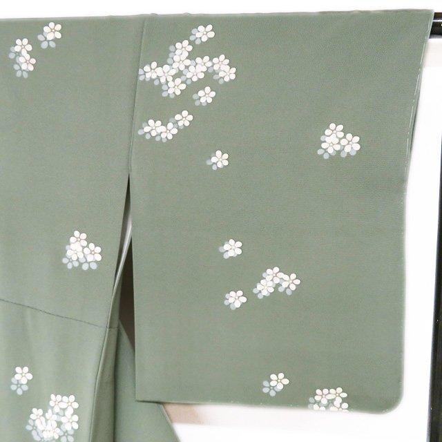 小紋 着物 中古 正絹 袷 カジュアル 小花模様 反端付き 老竹色 多色