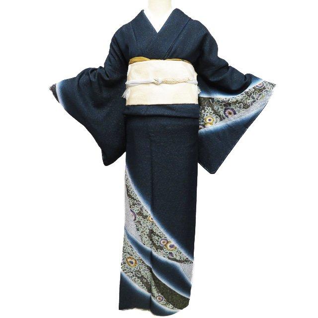 付下げ 付け下げ 訪問着 着物 中古 正絹 袷 絞り 辻が花 金通し 深緑色 