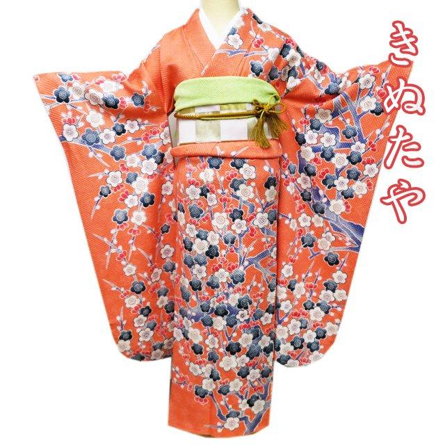 振袖 着物 中古 正絹 成人式 結婚式 結納 きぬたや 絞り 花模様 梅 橙