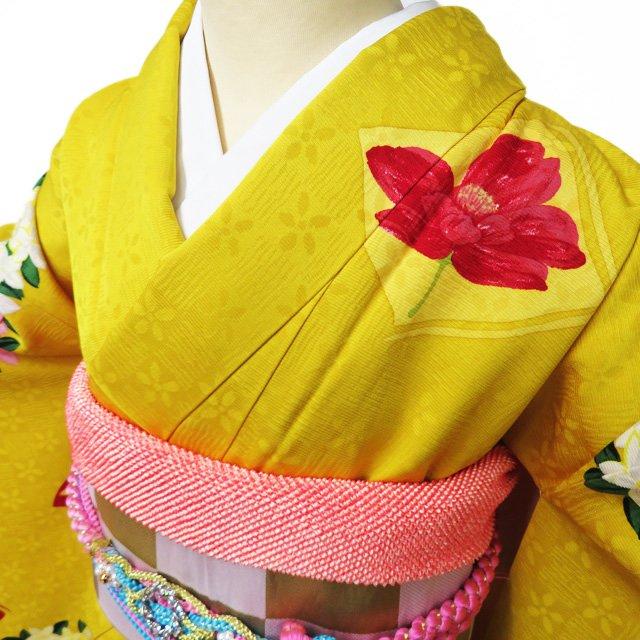 振袖 着物 中古 正絹 成人式 結婚式 結納 作家物 落款 花模様 地模様 黄色 多色 身丈176cm 裄67cm L トール きもの北條 A1129-8 振袖 着物 中古 正絹 成人式 結婚式 結納 作家物 落款 花模様 地模様