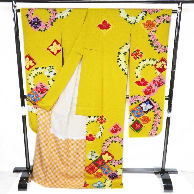 振袖 着物 中古 正絹 成人式 結婚式 結納 作家物 落款 花模様 地模様 黄色 多色 身丈176cm 裄67cm L トール きもの北條 A1129-8 振袖 着物 中古 正絹 成人式 結婚式 結納 作家物 落款 花模様 地模様