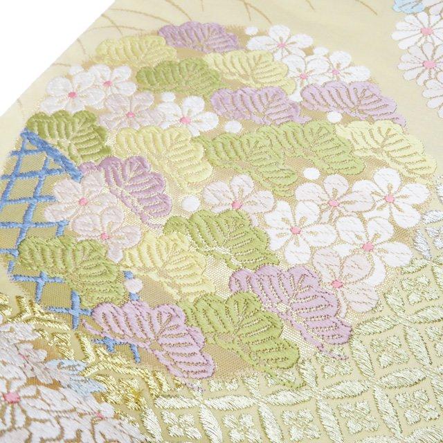 袋帯 中古 リサイクル 正絹 フォーマル 仕立て上がり 六通 唐織 本金箔 花模様 七宝 箔糸 淡黄蘗色 多色 金銀 きもの北條 A1130-12 袋帯 中古 リサイクル 正絹 フォーマル 仕立て上がり 六通 唐織 本金箔