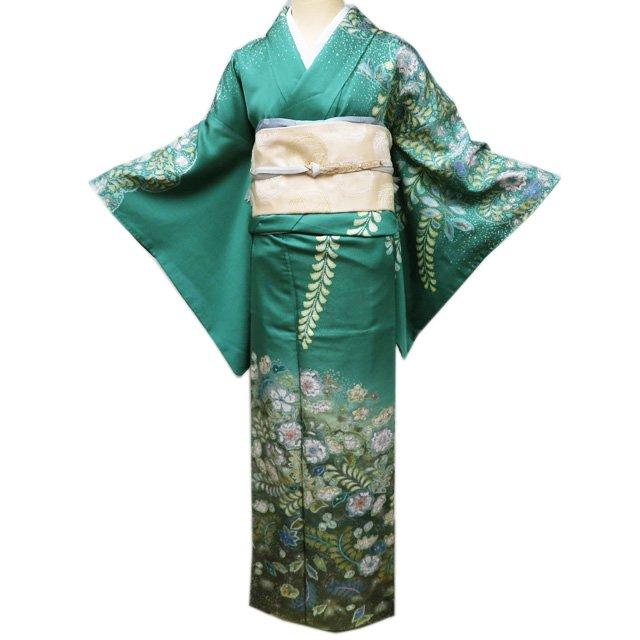 訪問着 着物 中古 正絹 袷 フォーマル 花の図 辻が花 絞り 銀通し 翡翠 