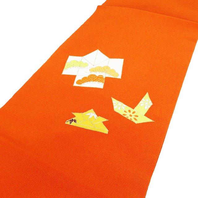 特選 開き名古屋帯 なごや帯 中古 リサイクル カジュアル 仕立て上がり 縮緬地 志ま亀 折り紙の図 赤橙色 多色 金 きもの北條 A1133-15 特選 開き名古屋帯 なごや帯 中古 リサイクル カジュアル 仕立て上がり