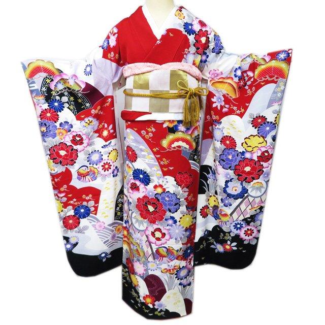 特選 振袖 着物 中古 正絹 花模様 菊 牡丹 桜 波に鴛鴦 白色