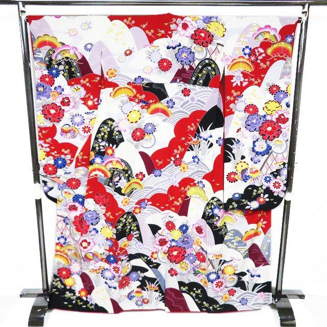 特選 振袖 着物 中古 正絹 花模様 菊 牡丹 桜 波に鴛鴦 白色 赤色 黒色 多色 身丈166cm 裄66cm L トール きもの北條 A1136-9 特選 振袖 着物 中古 正絹 花模様 菊 牡丹 桜 波に鴛鴦 白色 赤色 黒色