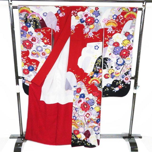 特選 振袖 着物 中古 正絹 花模様 菊 牡丹 桜 波に鴛鴦 白色 赤色 黒色 多色 身丈166cm 裄66cm L トール きもの北條 A1136-9 特選 振袖 着物 中古 正絹 花模様 菊 牡丹 桜 波に鴛鴦 白色 赤色 黒色