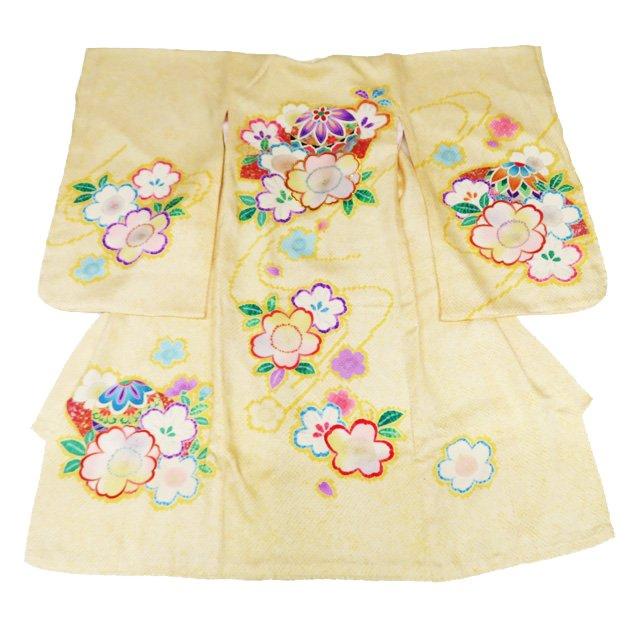 七五三 3歳用 女の子 女児 着物 襦袢 2点セット 中古 正絹 花模様 桜 鹿の子模様 淡黄色 多色 きもの北條 A1137-1 七五三 3歳用 女の子 女児 着物 襦袢 2点セット 中古 正絹 花模様 桜