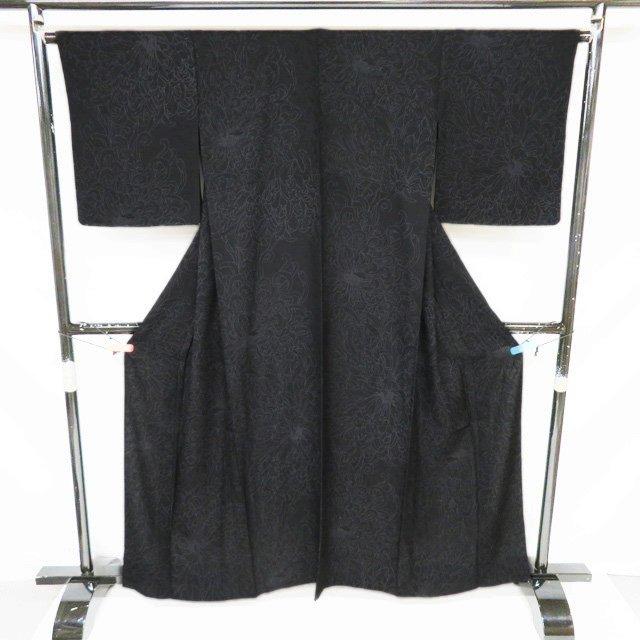 特選 夏物 小紋 着物 未使用 正絹 紋紗 カジュアル 花模様 菊 黒色 身丈160.5cm 裄65cm M きもの北條 A1147-15の画像