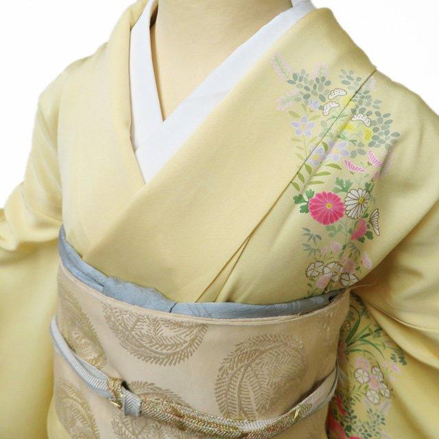 訪問着 着物 中古 正絹 単衣 フォーマル 花の図 淡黄色 多色 金 身丈
