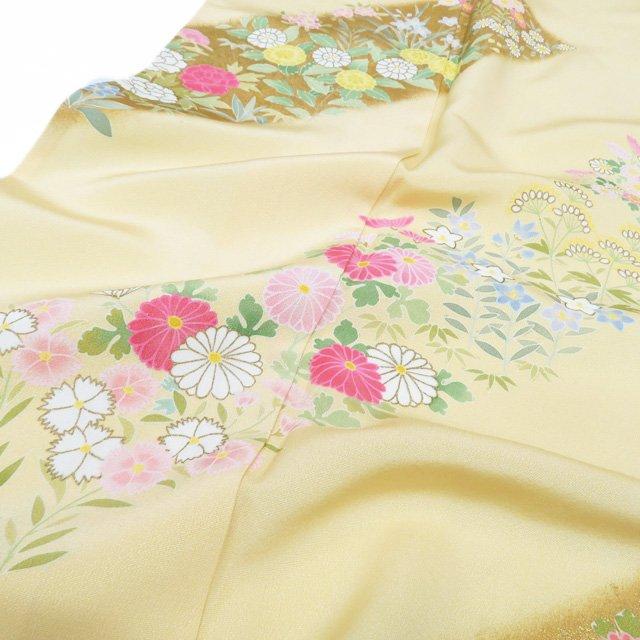 超美品　正絹　袷　訪問着　着物　159　裄64　パステルカラー　黄　薄黄　白　赤 訪問着 着物 未使用 正絹 袷 十日町友禅 作家 阿部佳雪 薄黄ベージュ