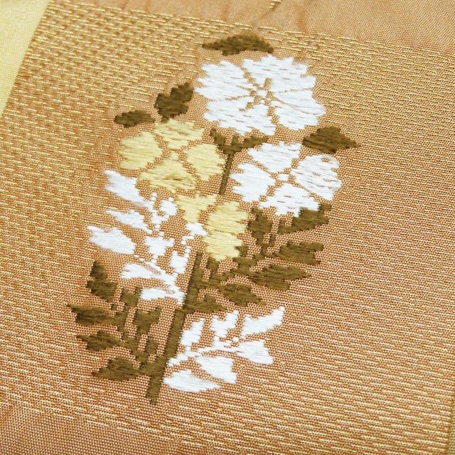 名古屋帯 なごや帯 中古 リサイクル 正絹 カジュアル 仕立て上がり 花模様 金糸 小麦色 肉桂色 密陀僧色 きもの北條 A1155-11 名古屋帯 なごや帯 中古 リサイクル 正絹 カジュアル 仕立て上がり 花