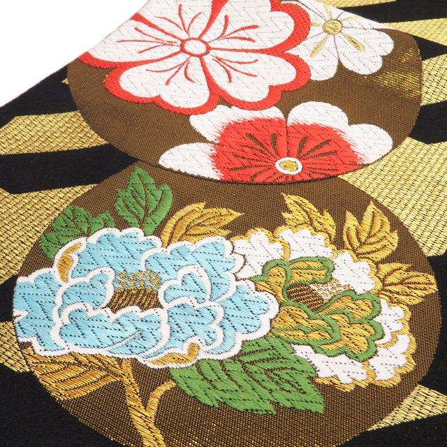 袋帯 振袖用 中古 リサイクル 正絹 フォーマル 仕立て上がり 六通 千鳥格子に花模様 箔糸 黒色 多色 金 きもの北條 A1157-14 袋帯 振袖用 中古 リサイクル 正絹 フォーマル 仕立て上がり 六通 千鳥
