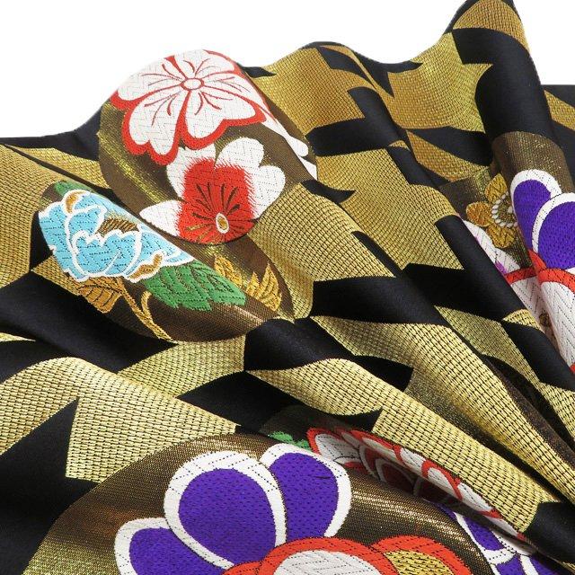 袋帯 振袖用 中古 リサイクル 正絹 フォーマル 仕立て上がり 六通 千鳥格子に花模様 箔糸 黒色 多色 金 きもの北條 A1157-14 袋帯 振袖用 中古 リサイクル 正絹 フォーマル 仕立て上がり 六通 千鳥