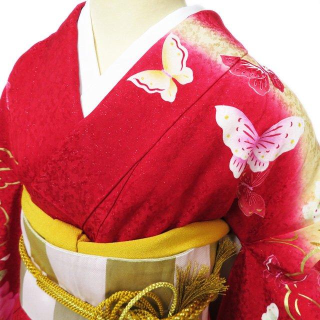 振袖 着物 中古 正絹 刺繍 花模様 蝶 ラメ 銀通し 赤色 多色 金 身丈 