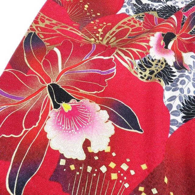 振袖 着物 中古 正絹 刺繍 花模様 秋草 蝶 銀通し 赤色 ギャル 白色 黒色 多色 金 身丈175cm 裄68cm L トール きもの北條 A1157-6 振袖 着物 中古 正絹 刺繍 花模様 秋草 蝶 銀通し 赤色 ギャル 白色