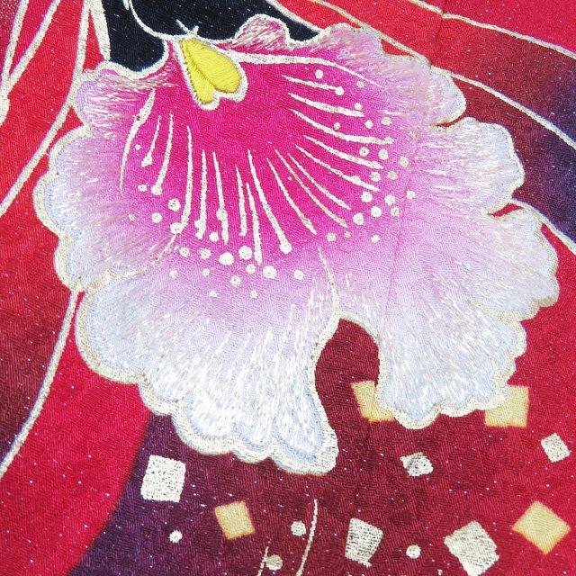 振袖 着物 中古 正絹 刺繍 花模様 秋草 蝶 銀通し 赤色 ギャル 白色 黒色 多色 金 身丈175cm 裄68cm L トール きもの北條 A1157-6 振袖 着物 中古 正絹 刺繍 花模様 秋草 蝶 銀通し 赤色 ギャル 白色