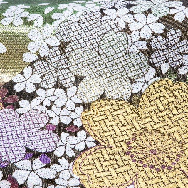 袋帯 振袖用 中古 リサイクル 正絹 フォーマル 仕立て上がり 六通 花模様 桜 箔糸 銀通し 黒色 銀 きもの北條 A1159-9 袋帯 振袖用 中古 リサイクル 正絹 フォーマル 仕立て上がり 六通 花