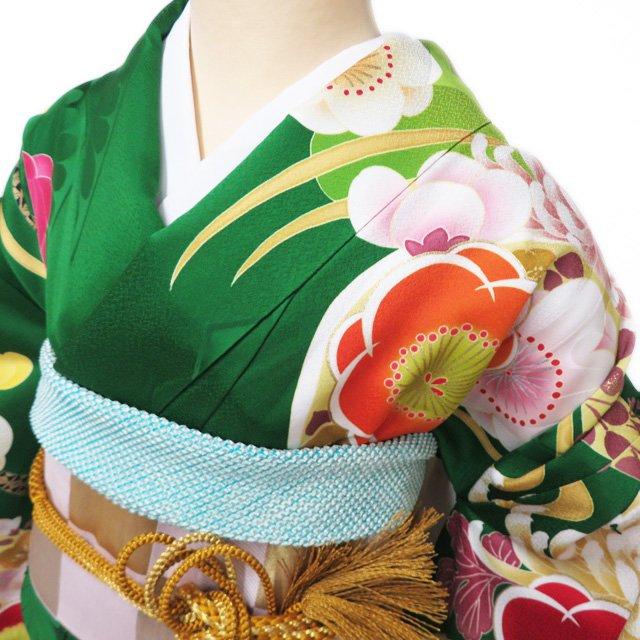 振袖 着物 中古 正絹 刺繍 花模様 梅 菊 花萌葱色 多色 金 身丈