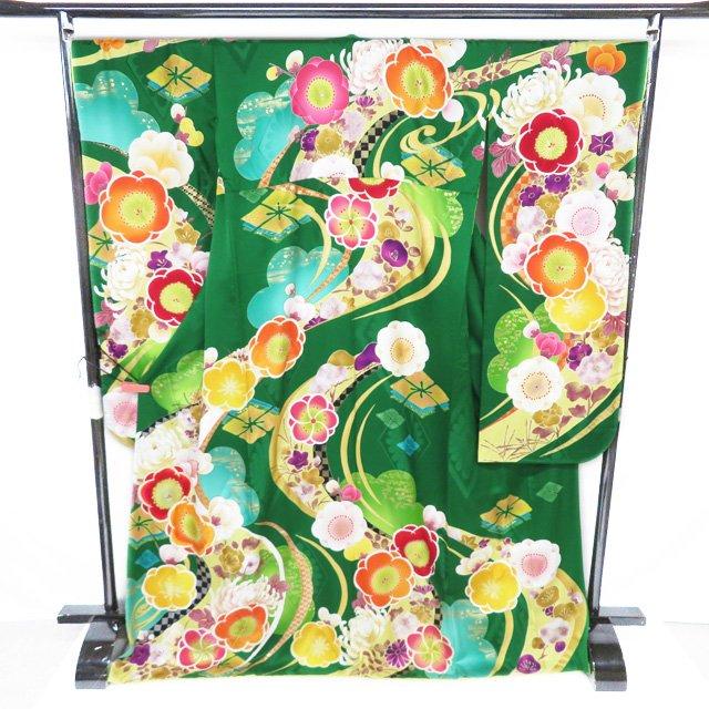 振袖 着物 中古 正絹 刺繍 花模様 梅 菊 花萌葱色 多色 金 身丈175.5cm