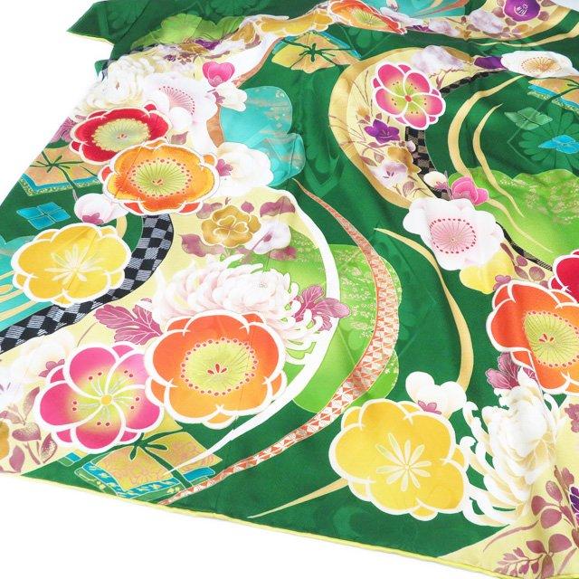 振袖 着物 中古 正絹 刺繍 花模様 梅 菊 花萌葱色 多色 金 身丈175.5cm