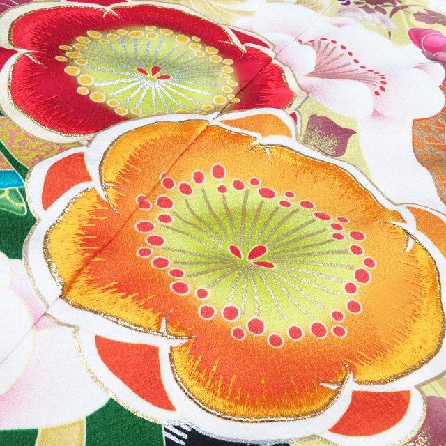 振袖 着物 中古 正絹 刺繍 花模様 梅 菊 花萌葱色 多色 金 身丈175.5cm