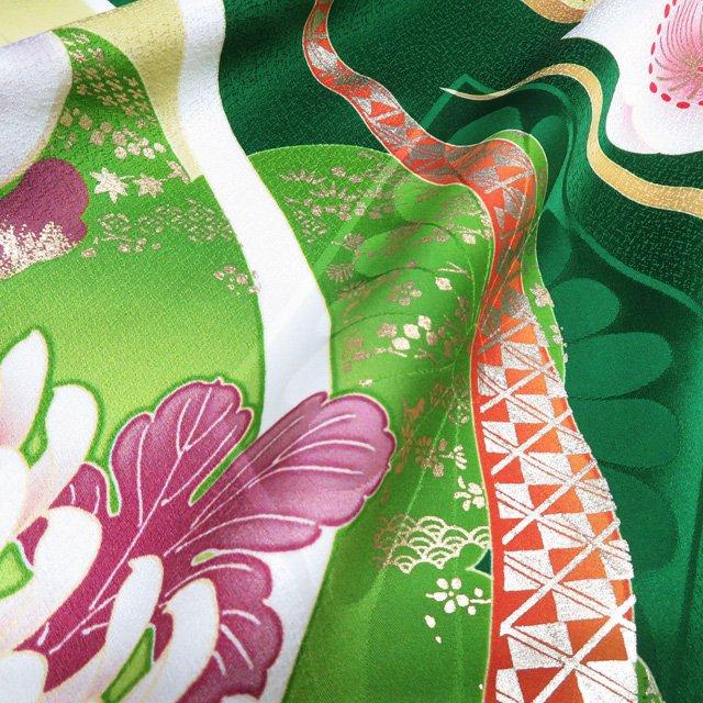 振袖 着物 中古 正絹 刺繍 花模様 梅 菊 花萌葱色 多色 金 身丈175.5cm