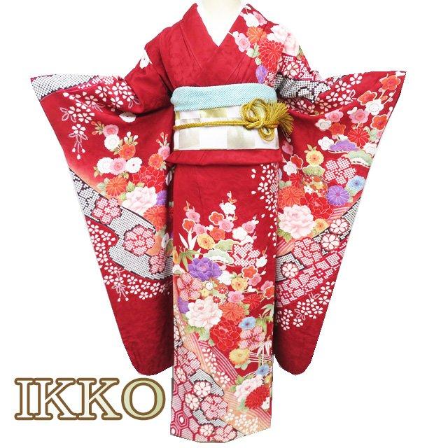 振袖 着物 中古 正絹 IKKO 刺繍 金彩 花模様 桜 菊 牡丹 松竹梅 地模様